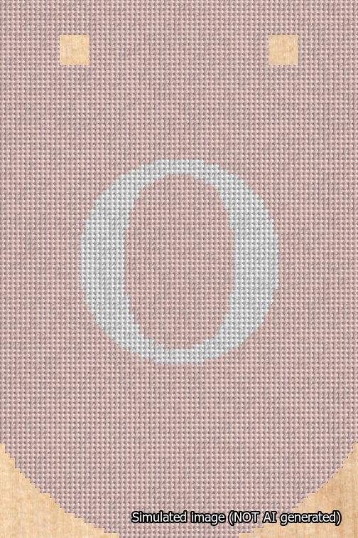 A simulated image of the stitched needlepoint design: Banner 18m Curved O White on Pink. Not A.I. generated.