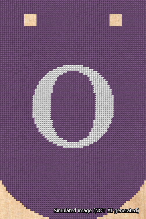 A simulated image of the stitched needlepoint design: Banner 18m Curved O White on Purple. Not A.I. generated.