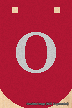 A simulated image of the stitched needlepoint design: Banner 18m Curved O White on Red. Not A.I. generated.