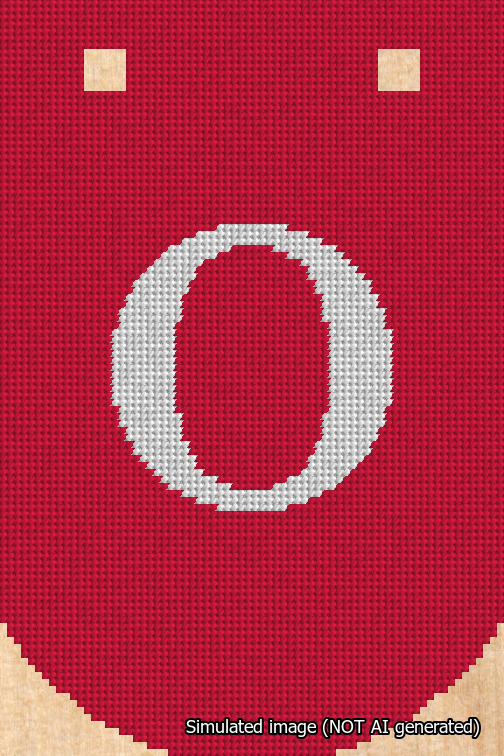A simulated image of the stitched needlepoint design: Banner 18m Curved O White on Red. Not A.I. generated.