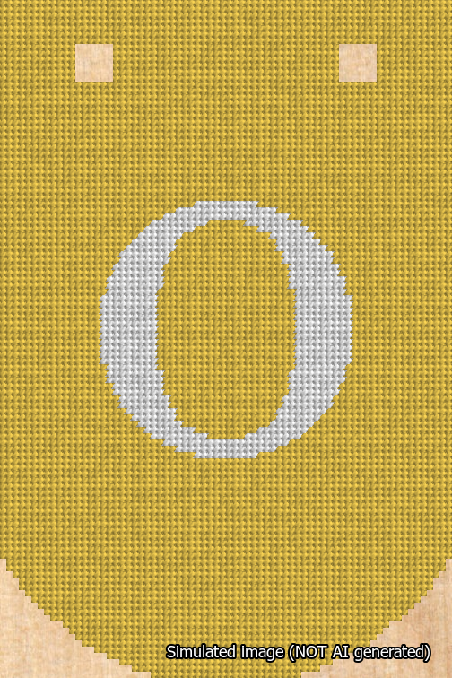 A simulated image of the stitched needlepoint design: Banner 18m Curved O White on Yellow. Not A.I. generated.