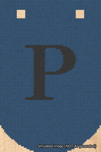 A simulated image of the stitched needlepoint design: Banner 18m Curved P Black on Blue. Not A.I. generated.