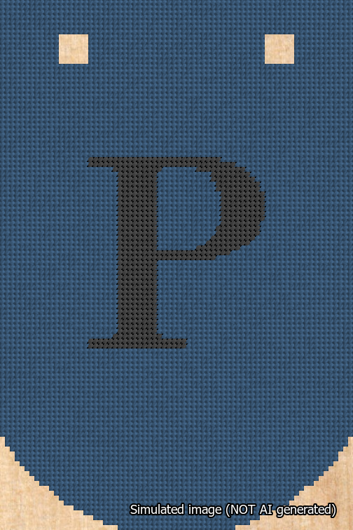 A simulated image of the stitched needlepoint design: Banner 18m Curved P Black on Blue. Not A.I. generated.