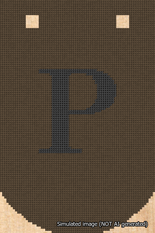 A simulated image of the stitched needlepoint design: Banner 18m Curved P Black on Brown. Not A.I. generated.