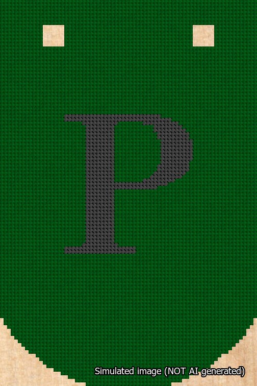 A simulated image of the stitched needlepoint design: Banner 18m Curved P Black on Green. Not A.I. generated.