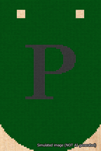 A simulated image of the stitched needlepoint design: Banner 18m Curved P Black on Green. Not A.I. generated.