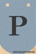 A simulated image of the stitched needlepoint design: Banner 18m Curved P Black on Light Blue. Not A.I. generated.