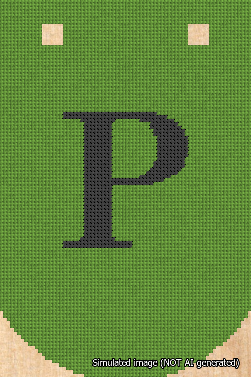 A simulated image of the stitched needlepoint design: Banner 18m Curved P Black on Light Green. Not A.I. generated.