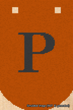 A simulated image of the stitched needlepoint design: Banner 18m Curved P Black on Orange. Not A.I. generated.