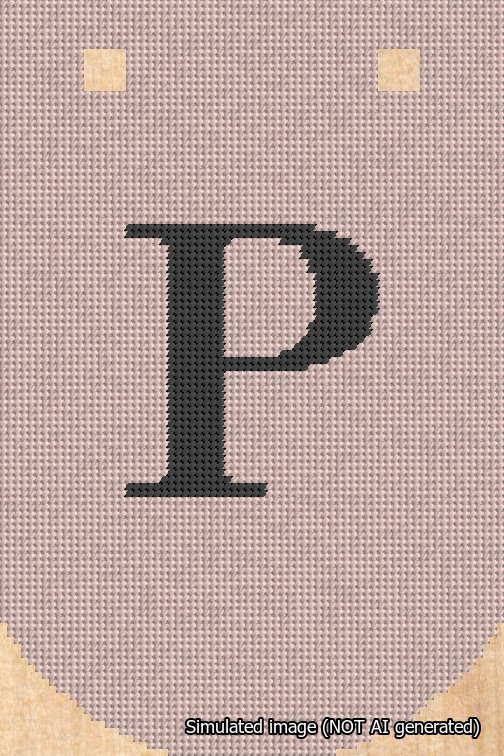 A simulated image of the stitched needlepoint design: Banner 18m Curved P Black on Pink. Not A.I. generated.