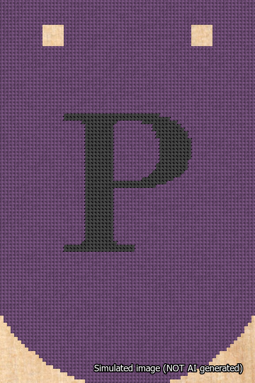 A simulated image of the stitched needlepoint design: Banner 18m Curved P Black on Purple. Not A.I. generated.