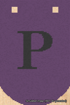 A simulated image of the stitched needlepoint design: Banner 18m Curved P Black on Purple. Not A.I. generated.