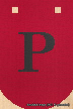 A simulated image of the stitched needlepoint design: Banner 18m Curved P Black on Red. Not A.I. generated.