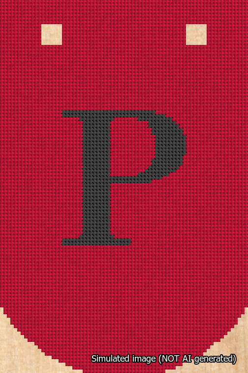 A simulated image of the stitched needlepoint design: Banner 18m Curved P Black on Red. Not A.I. generated.