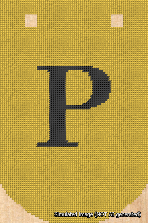 A simulated image of the stitched needlepoint design: Banner 18m Curved P Black on Yellow. Not A.I. generated.