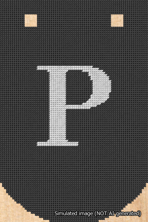 A simulated image of the stitched needlepoint design: Banner 18m Curved P White on Black. Not A.I. generated.