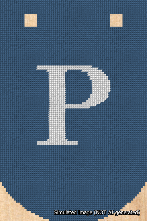 A simulated image of the stitched needlepoint design: Banner 18m Curved P White on Blue. Not A.I. generated.