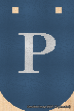 A simulated image of the stitched needlepoint design: Banner 18m Curved P White on Blue. Not A.I. generated.