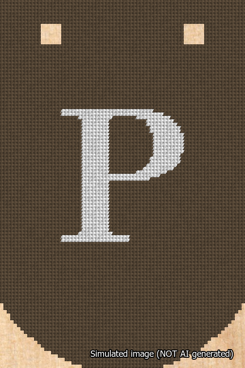 A simulated image of the stitched needlepoint design: Banner 18m Curved P White on Brown. Not A.I. generated.