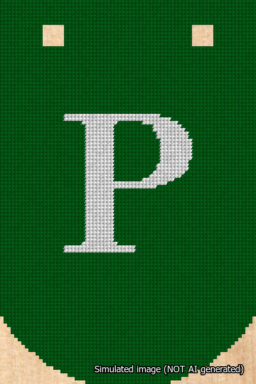 A simulated image of the stitched needlepoint design: Banner 18m Curved P White on Green. Not A.I. generated.