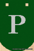 A simulated image of the stitched needlepoint design: Banner 18m Curved P White on Green. Not A.I. generated.