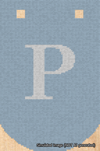 A simulated image of the stitched needlepoint design: Banner 18m Curved P White on Light Blue. Not A.I. generated.