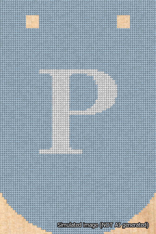 A simulated image of the stitched needlepoint design: Banner 18m Curved P White on Light Blue. Not A.I. generated.