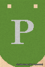 A simulated image of the stitched needlepoint design: Banner 18m Curved P White on Light Green. Not A.I. generated.