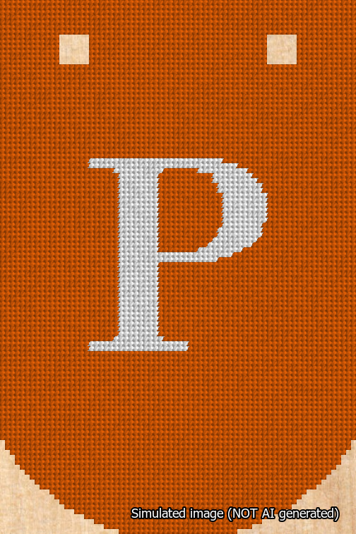 A simulated image of the stitched needlepoint design: Banner 18m Curved P White on Orange. Not A.I. generated.