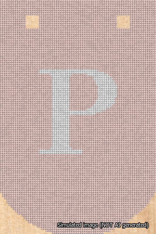 A simulated image of the stitched needlepoint design: Banner 18m Curved P White on Pink. Not A.I. generated.