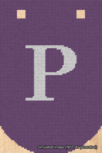 A simulated image of the stitched needlepoint design: Banner 18m Curved P White on Purple. Not A.I. generated.