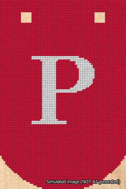 A simulated image of the stitched needlepoint design: Banner 18m Curved P White on Red. Not A.I. generated.