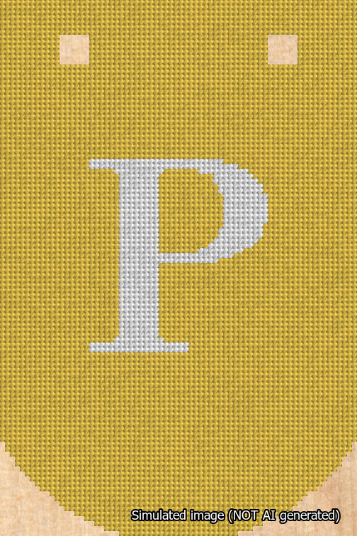 A simulated image of the stitched needlepoint design: Banner 18m Curved P White on Yellow. Not A.I. generated.