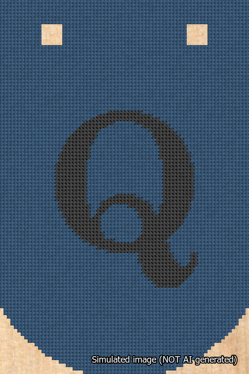 A simulated image of the stitched needlepoint design: Banner 18m Curved Q Black on Blue. Not A.I. generated.