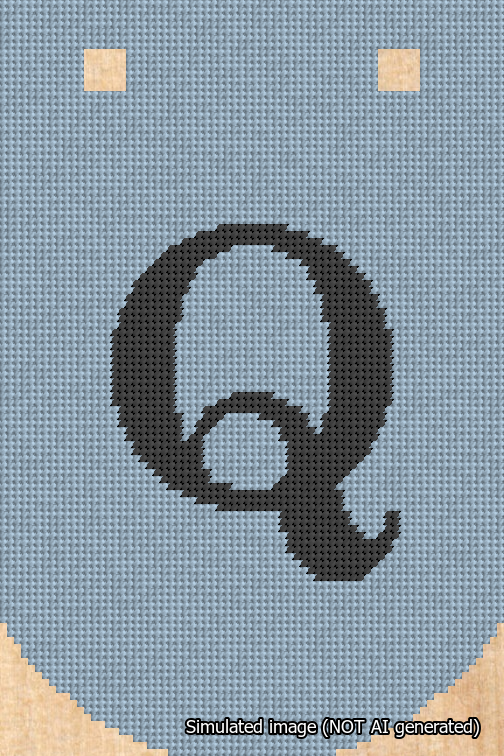A simulated image of the stitched needlepoint design: Banner 18m Curved Q Black on Light Blue. Not A.I. generated.