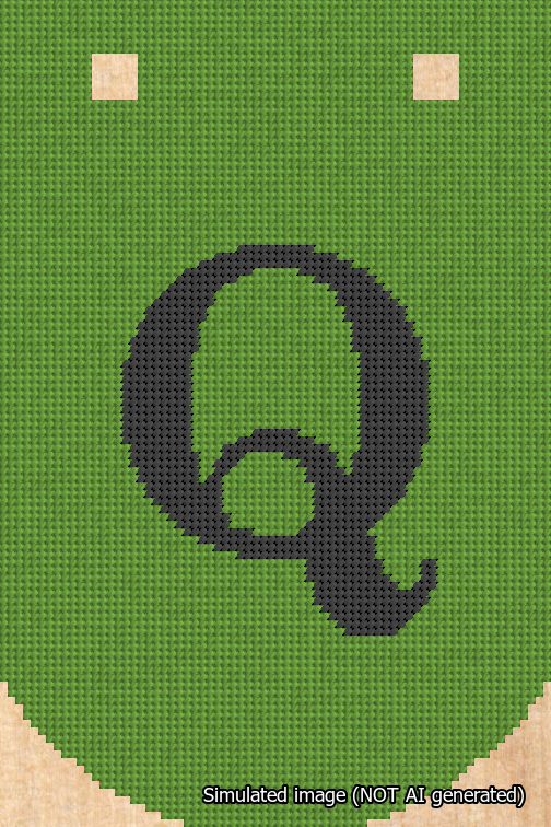 A simulated image of the stitched needlepoint design: Banner 18m Curved Q Black on Light Green. Not A.I. generated.