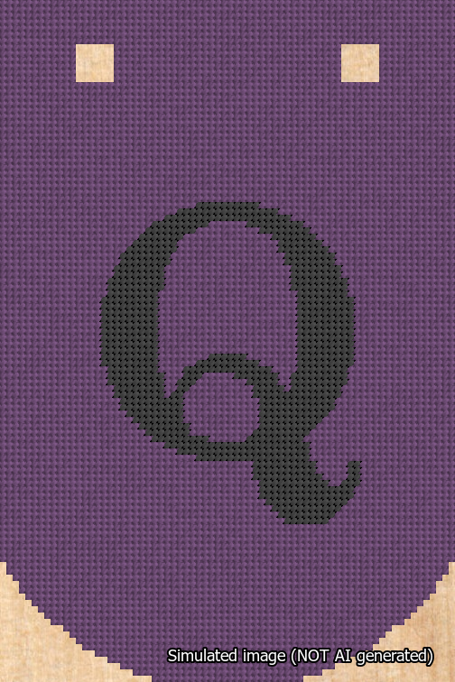 A simulated image of the stitched needlepoint design: Banner 18m Curved Q Black on Purple. Not A.I. generated.