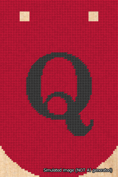 A simulated image of the stitched needlepoint design: Banner 18m Curved Q Black on Red. Not A.I. generated.