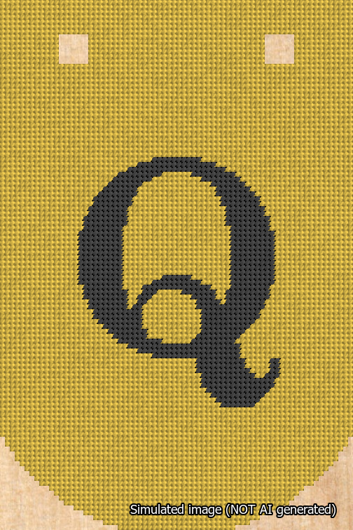A simulated image of the stitched needlepoint design: Banner 18m Curved Q Black on Yellow. Not A.I. generated.