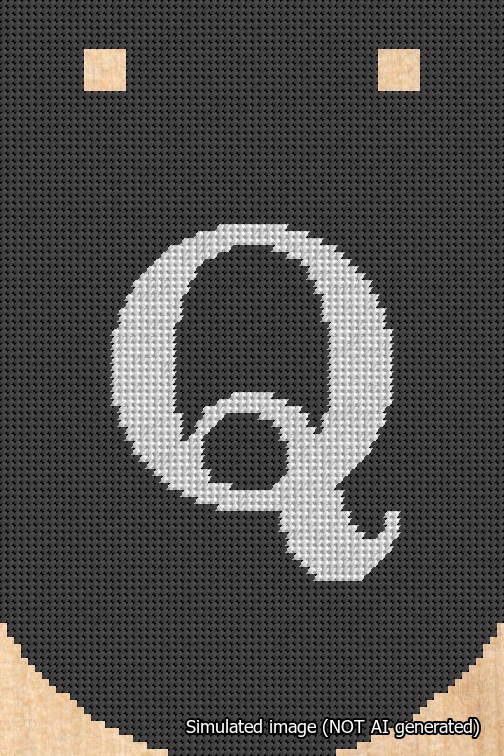 A simulated image of the stitched needlepoint design: Banner 18m Curved Q White on Black. Not A.I. generated.