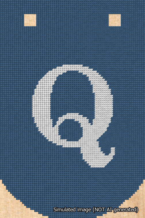 A simulated image of the stitched needlepoint design: Banner 18m Curved Q White on Blue. Not A.I. generated.