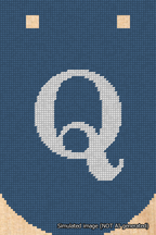 A simulated image of the stitched needlepoint design: Banner 18m Curved Q White on Blue. Not A.I. generated.