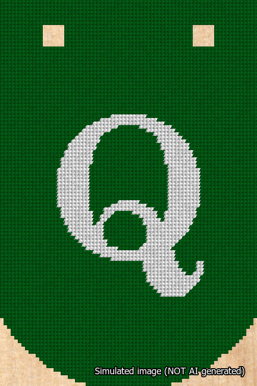 A simulated image of the stitched needlepoint design: Banner 18m Curved Q White on Green. Not A.I. generated.