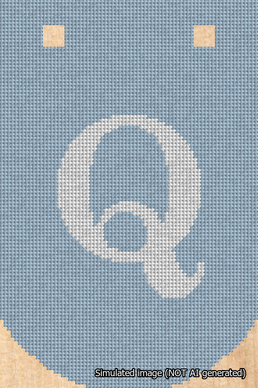A simulated image of the stitched needlepoint design: Banner 18m Curved Q White on Light Blue. Not A.I. generated.
