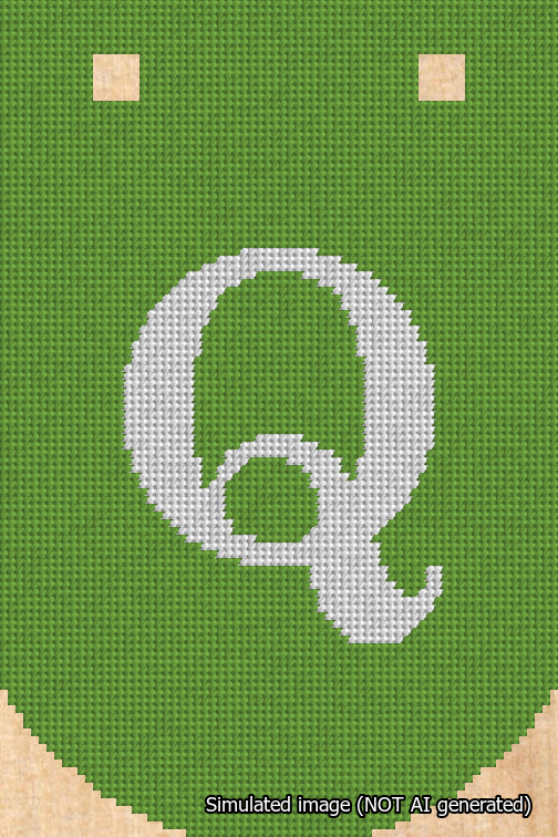 A simulated image of the stitched needlepoint design: Banner 18m Curved Q White on Light Green. Not A.I. generated.