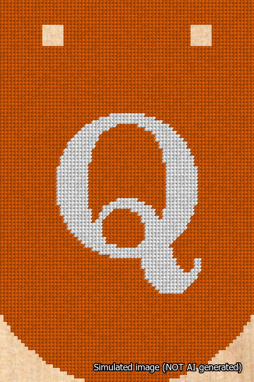 A simulated image of the stitched needlepoint design: Banner 18m Curved Q White on Orange. Not A.I. generated.