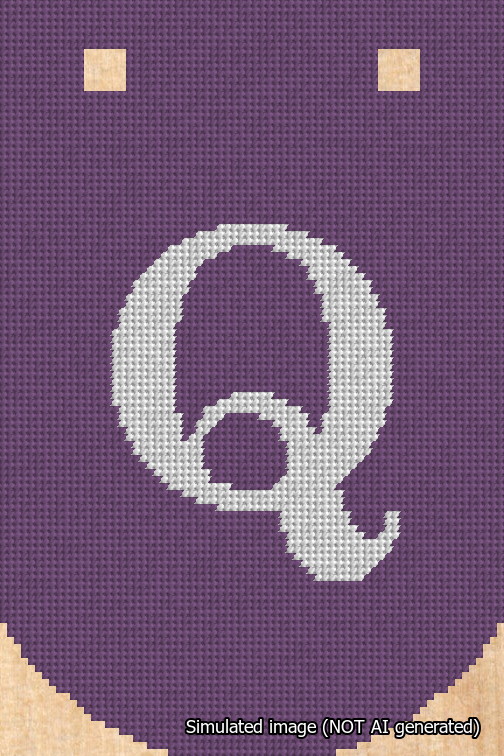 A simulated image of the stitched needlepoint design: Banner 18m Curved Q White on Purple. Not A.I. generated.