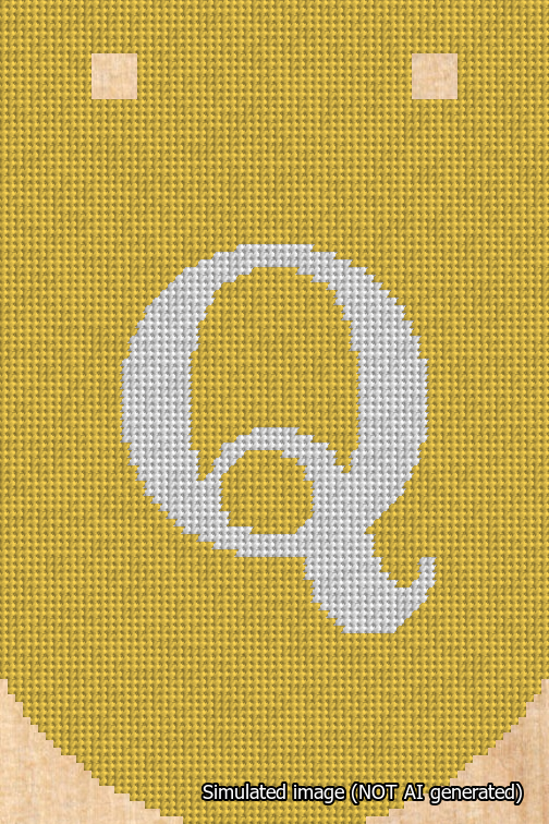 A simulated image of the stitched needlepoint design: Banner 18m Curved Q White on Yellow. Not A.I. generated.