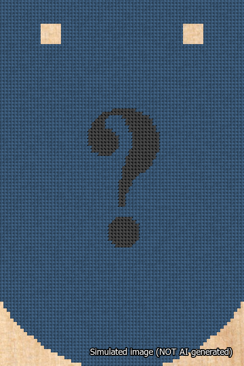 A simulated image of the stitched needlepoint design: Banner 18m Curved Question Black on Blue. Not A.I. generated.