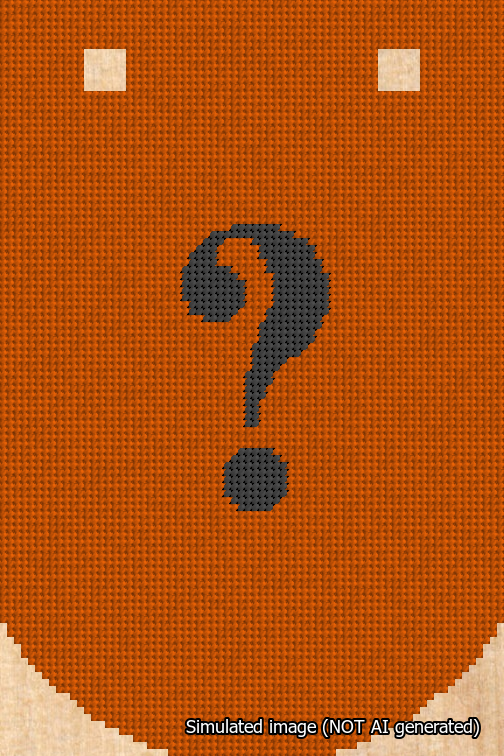 A simulated image of the stitched needlepoint design: Banner 18m Curved Question Black on Orange. Not A.I. generated.